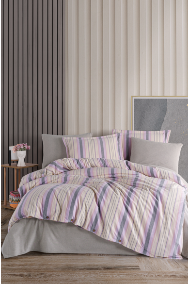Çift Kişilik Çizgili Nevresim Takımı Regina Keten Mor-Pembe