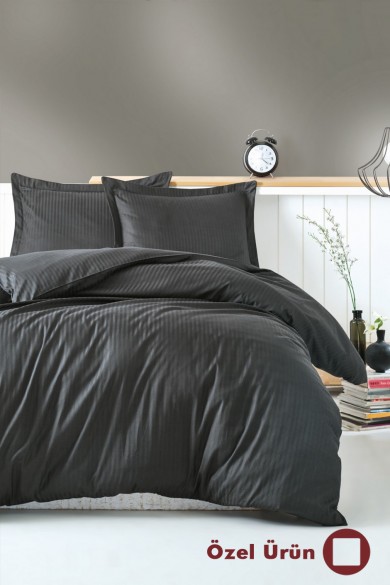 Orijinal Çizgili Pamuk Saten Nevresim Takımı - Antrasit
