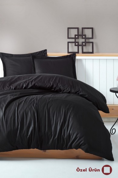 Orijinal Çizgili Pamuk Saten Nevresim Takımı - Siyah